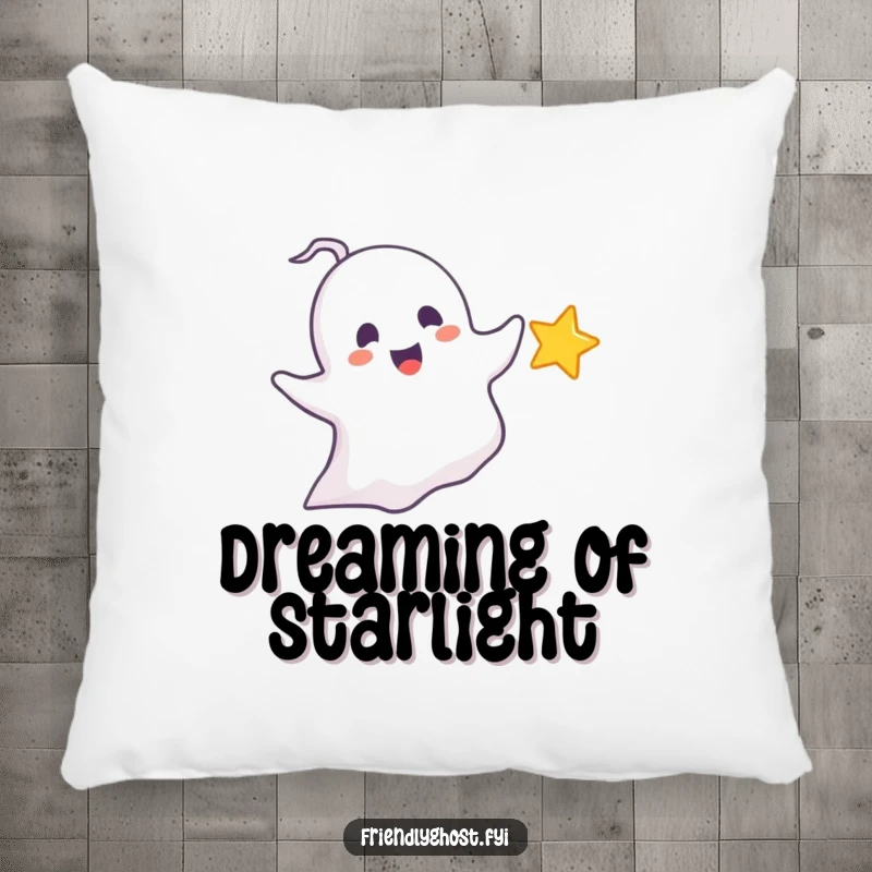 Funny chasing ghost pillow featuring a delighted ghost playfully pursuing a tiny, sparkling star, perfect for cozy, whimsical, and funny gifts.