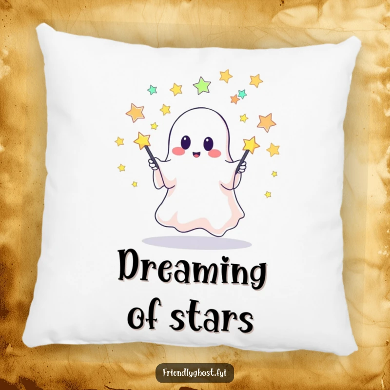 Funny pillow featuring a cute ghost juggling starry pins, offering plush comfort and a touch of whimsical, celestial fun.