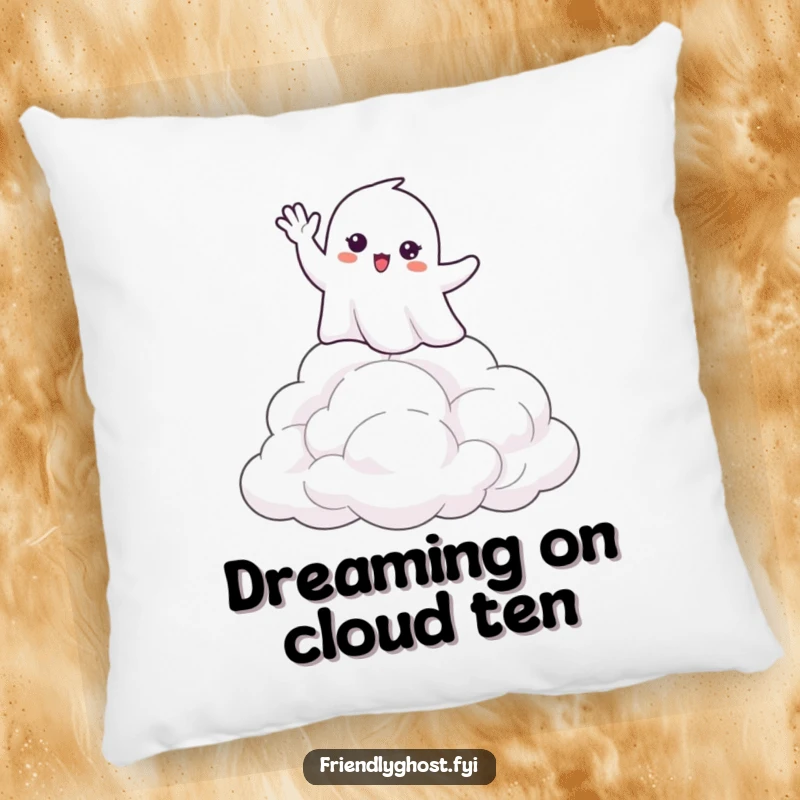 Funny pillow with a happy ghost waving hello from its perch on soft, fluffy clouds, offering comfort and a touch of magic.