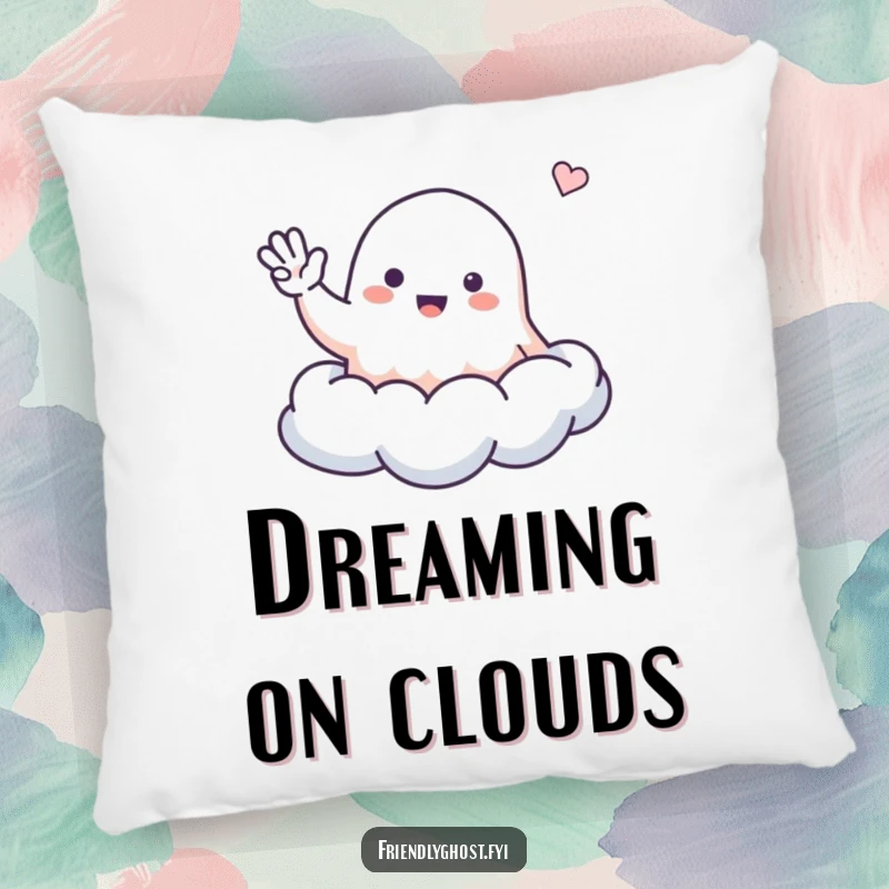 Funny ghost pillow with a small, friendly ghost waving from a cloud, perfect for adding cozy cheer.