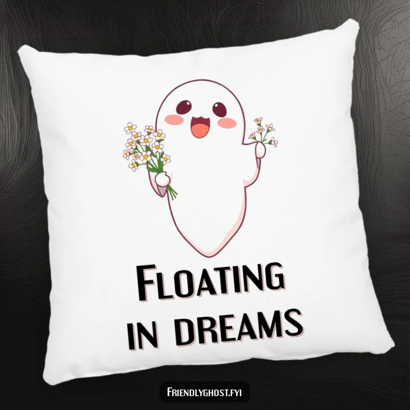 Funny delighted ghost character floating upwards holding flowers, on a soft and humorous pillow.