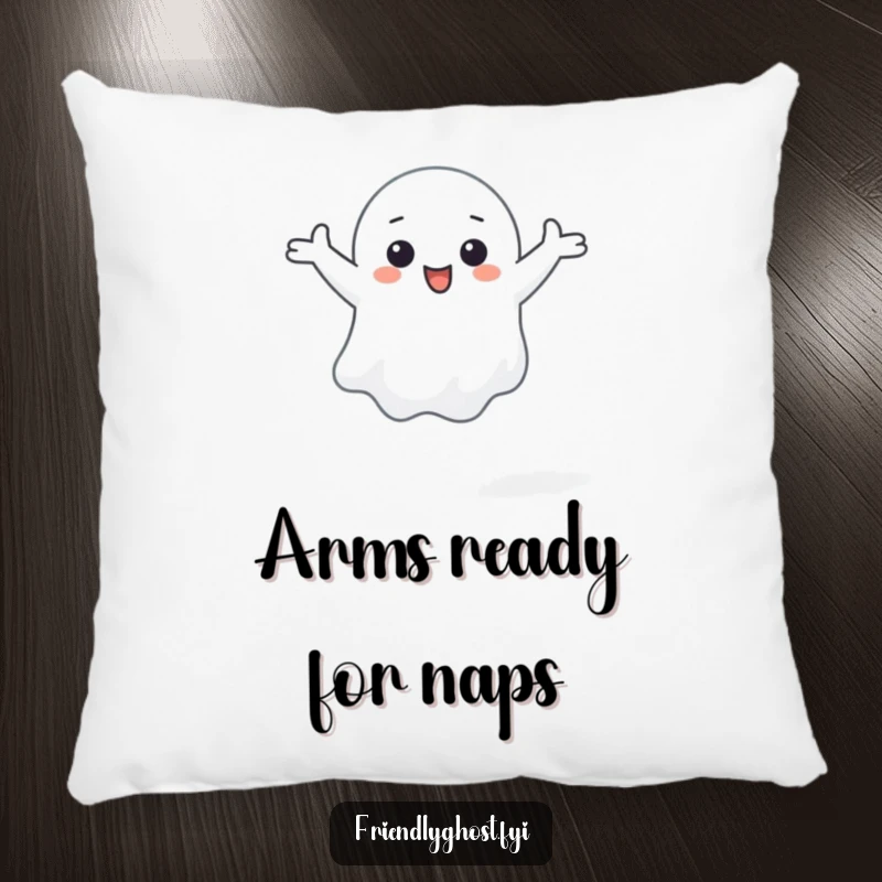 Funny pillow showing a small ghost character happily floating with arms outstretched, radiating happiness.