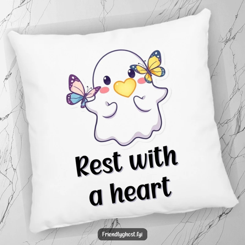 Funny friendly ghost pillow featuring a kind character offering a glowing heart to a butterfly.