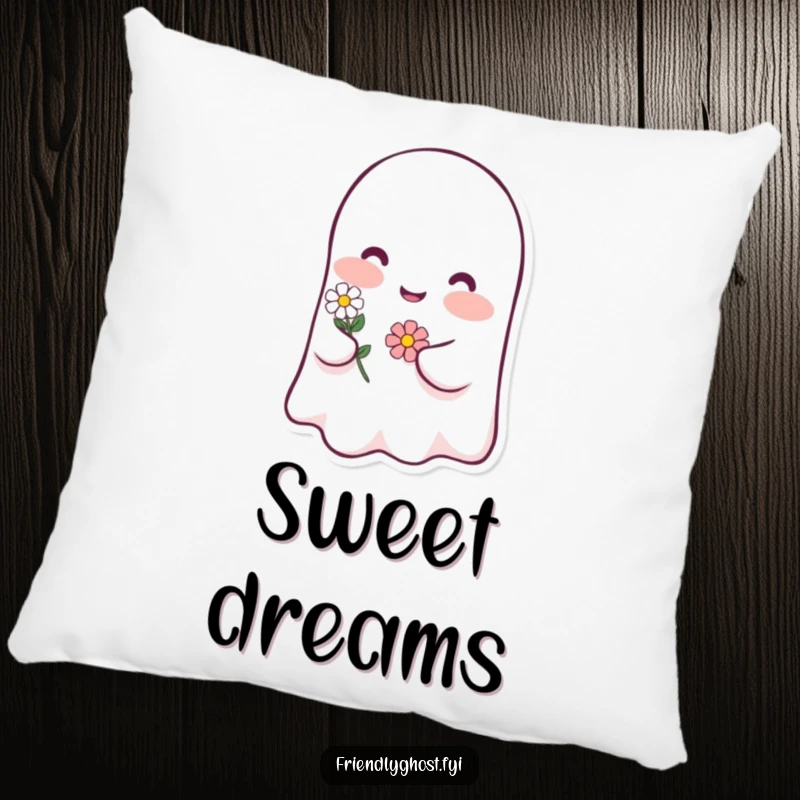 Funny ghost blush pillow with a happy character blushing pink and holding a tiny flower, a soft and humorous decorative item gift.