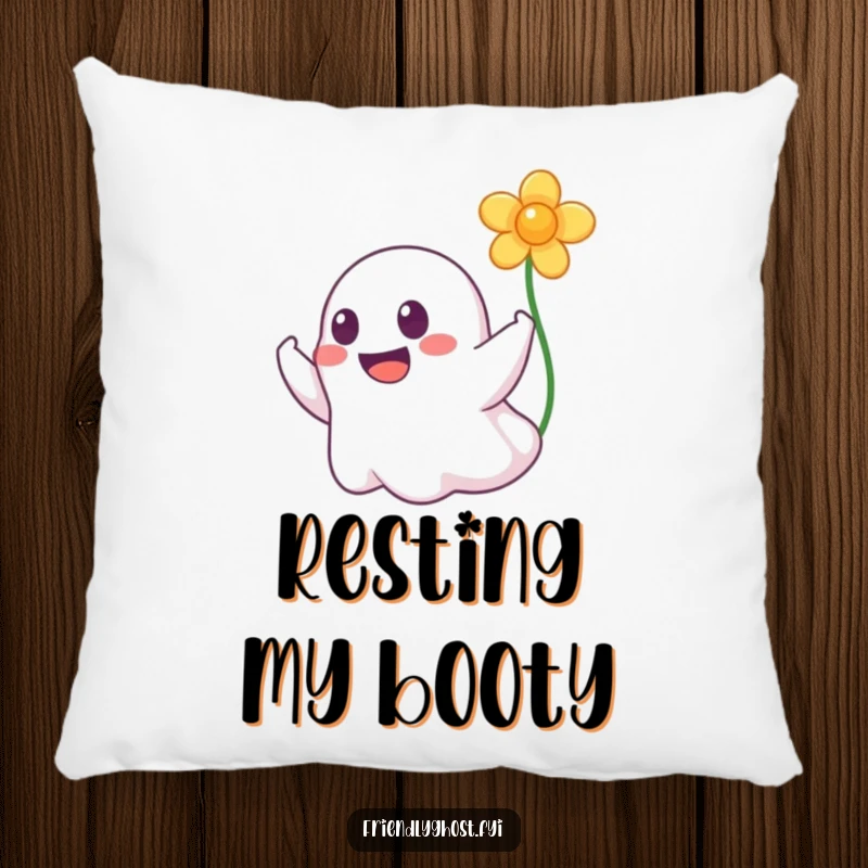 Funny pillow featuring a cheerful ghost with a wide grin booping a floating flower, perfect for adding comfort and humor.