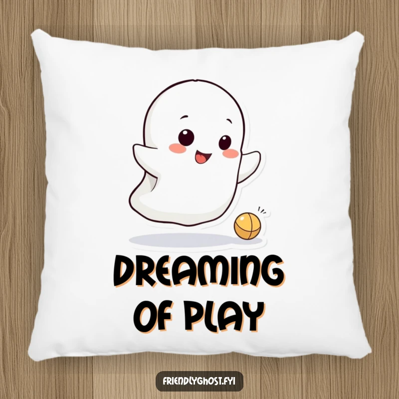 Funny pillow featuring a small, mischievous ghost character playfully bouncing a tiny ball, perfect for cozying up with spectral fun.
