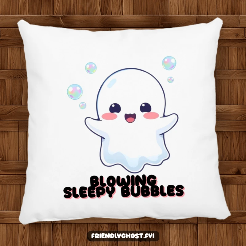 Funny Ghost Bubble Blower Pillow: A cheerful ghost happily blows iridescent bubbles, creating a soft and whimsical accent for relaxation.