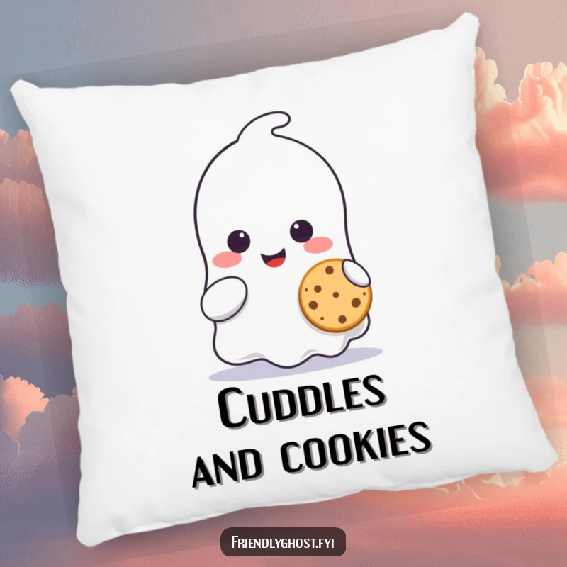 Funny ghost character pillow, smiling and sharing a tiny cookie, bringing a sense of warmth and adorable charm.