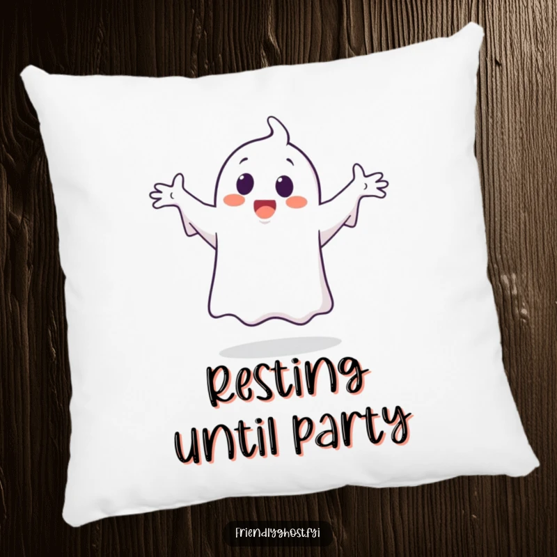 Funny ghost character pillow, depicted in a happy, silly dance with arms outstretched, adding a touch of spectral joy.