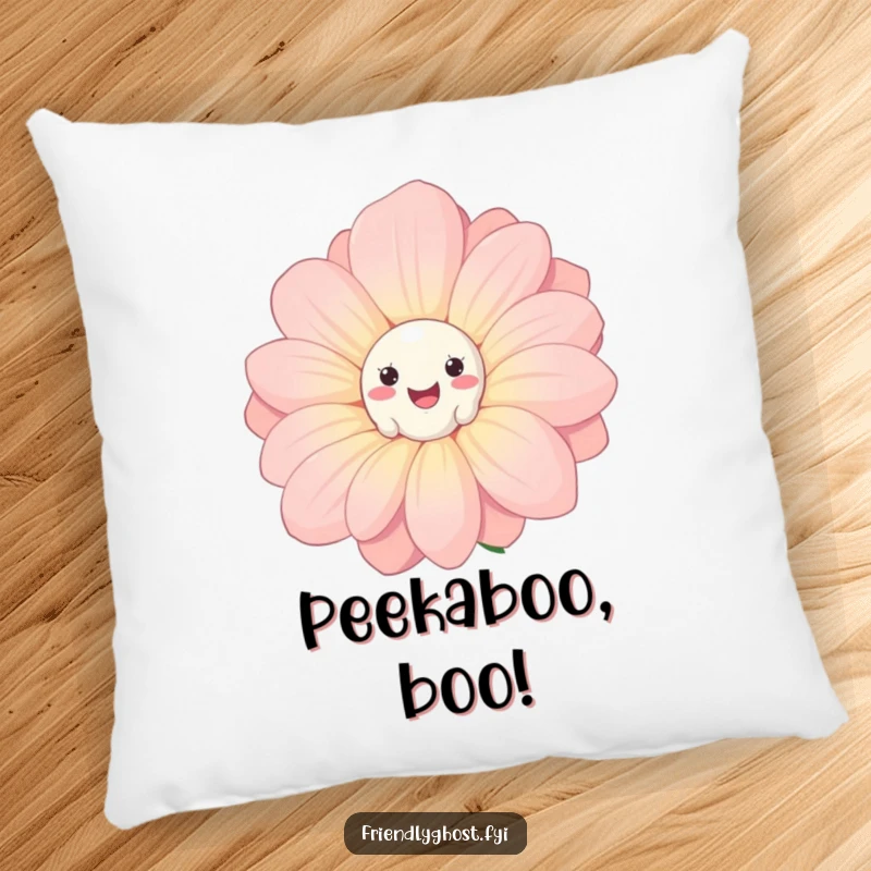 Funny Ghost Flower Pillow: Soft cushion featuring a cute ghost peeking from a big smiling flower, perfect for adding humor.