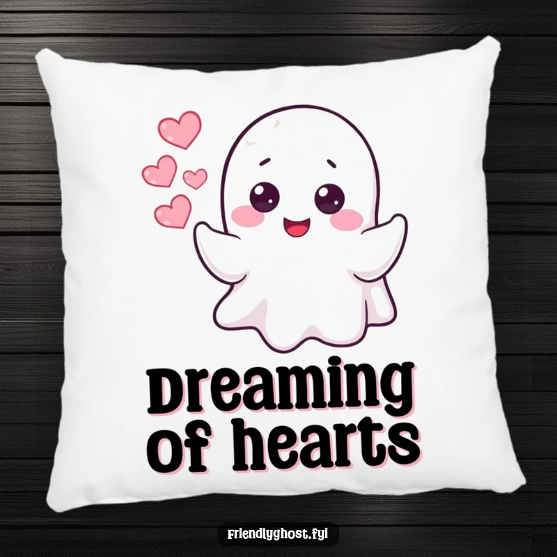 Funny cheerful ghost character blowing heart-shaped bubbles, on a soft and humorous pillow.