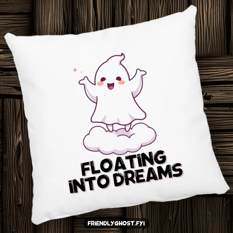 Funny pillow with a ghost doing a happy jig on a cloud, offering a comfortable and humorous spooky-themed decorative accent.