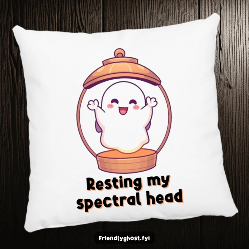 Funny ghost lantern pillow featuring a cheerful ghost waving hello from inside a glowing lantern, perfect for spooky, cute, and funny gift giving.