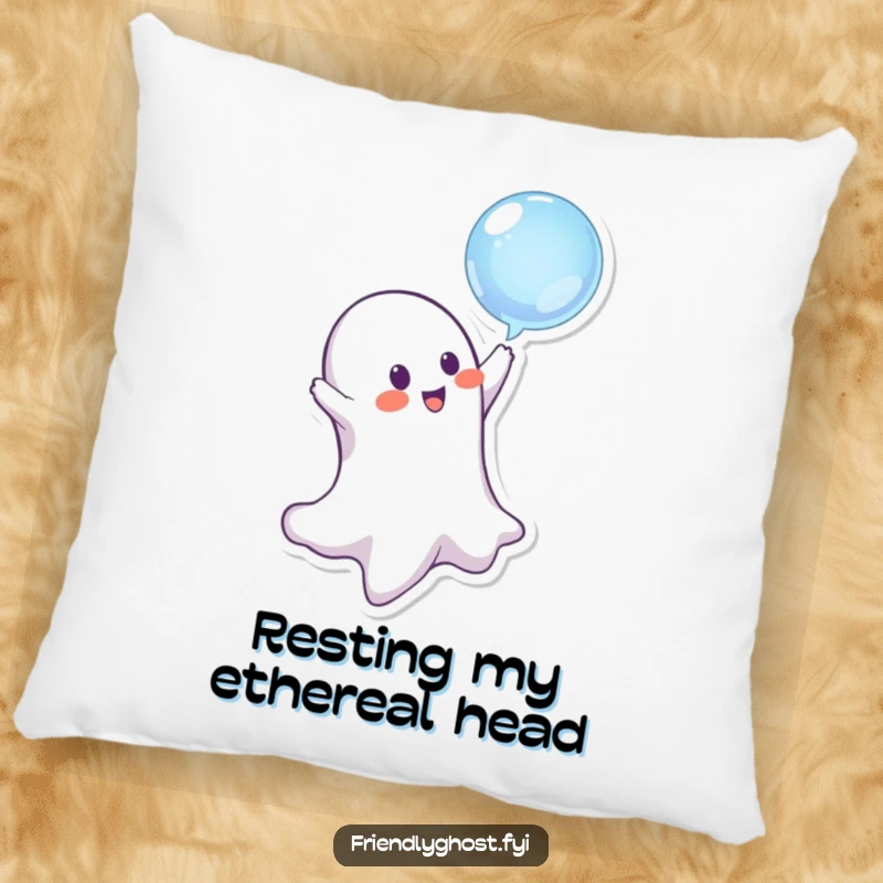 A soft pillow featuring a funny ghost character playfully bopping a bubble, exuding mischief and charm.