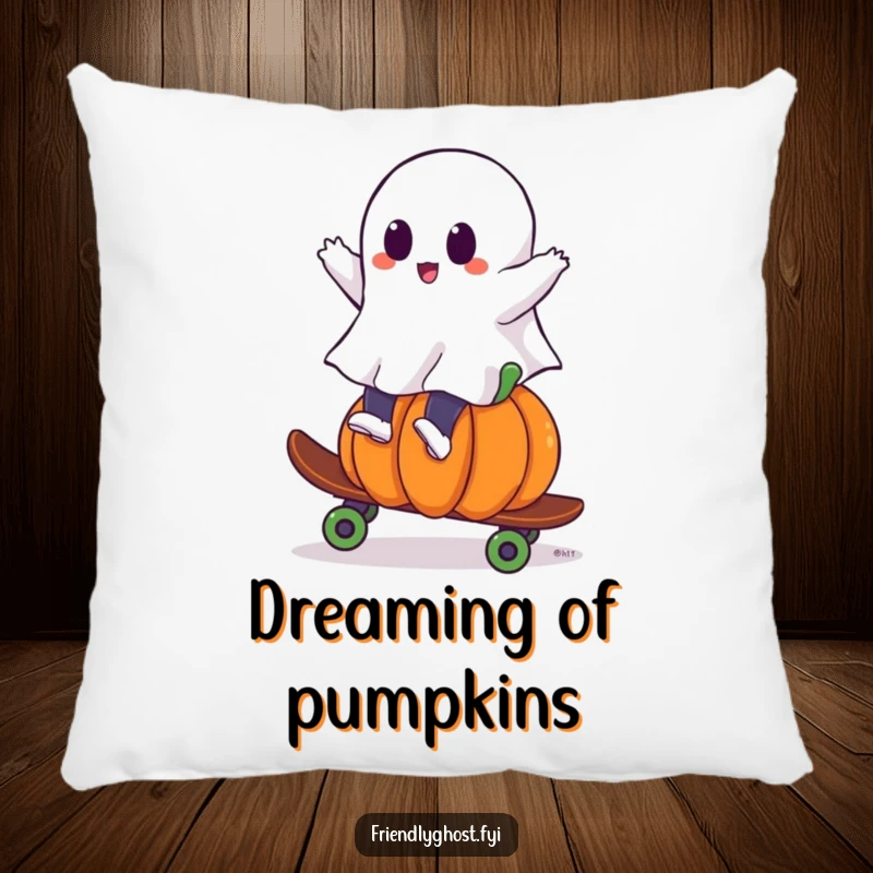 Funny ghost pillow featuring a ghost riding a pumpkin skateboard, ideal for adding spooky fun and comfort.