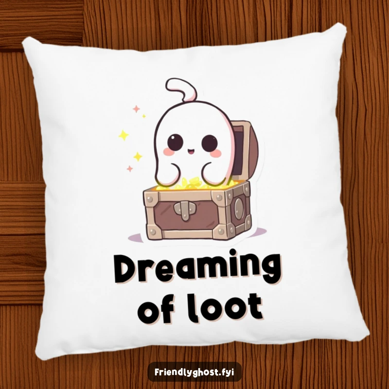 Funny curious ghost character peeking into a treasure chest with sparkles, on a soft and humorous pillow.