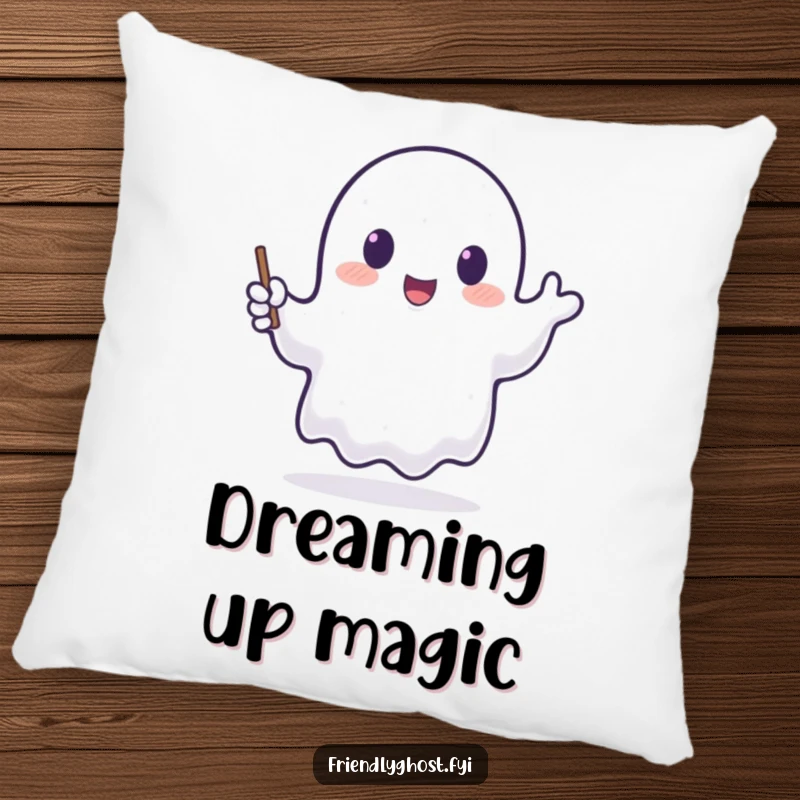 Funny pillow featuring a translucent ghost happily waving a tiny, glowing wand, offering comfort and a touch of magic.