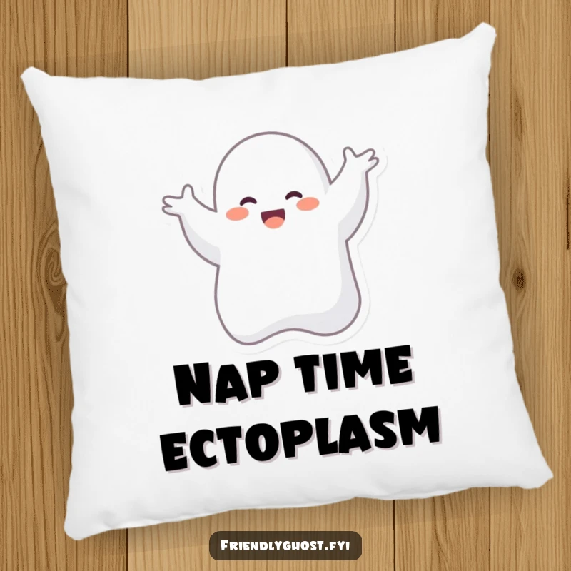 Funny pillow showcasing a cheerful giggling ghost character performing an amusing silly dance, perfect for adding a touch of playful comfort.