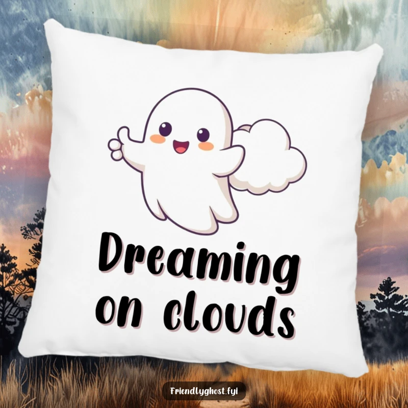 Funny pillow featuring a happy ghost giving cartoonish thumbs up beside a cheerful cloud, perfect for comfort and optimism.