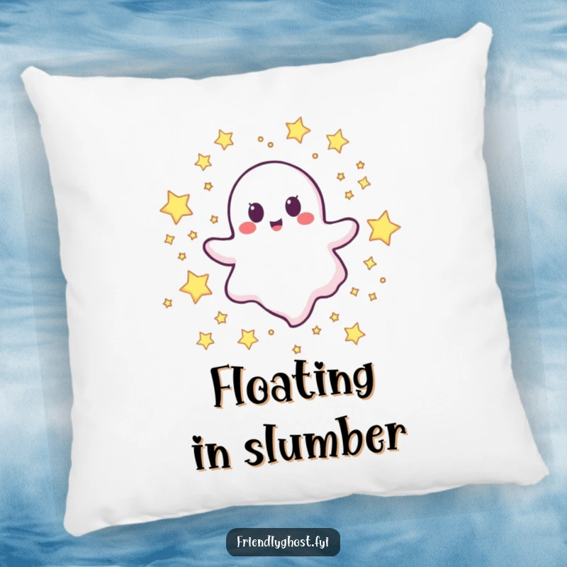 Funny happy ghost pillow featuring a joyful character floating happily through a field of stars.