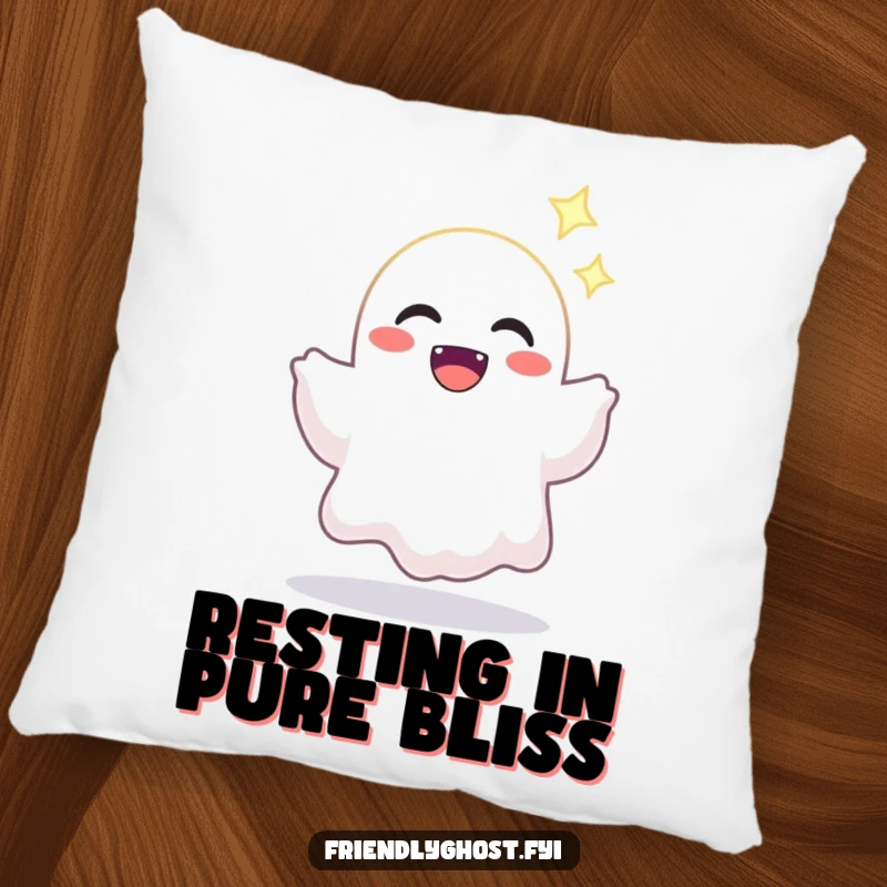 Funny pillow featuring a joyful ghost character offering a bright, sparkling light, perfect for comfort and spreading cheer.