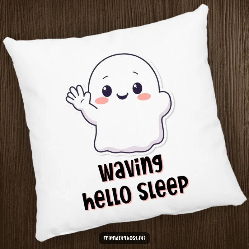 Funny pillow showing a kawaii ghost character enthusiastically waving with a cute, translucent hand.