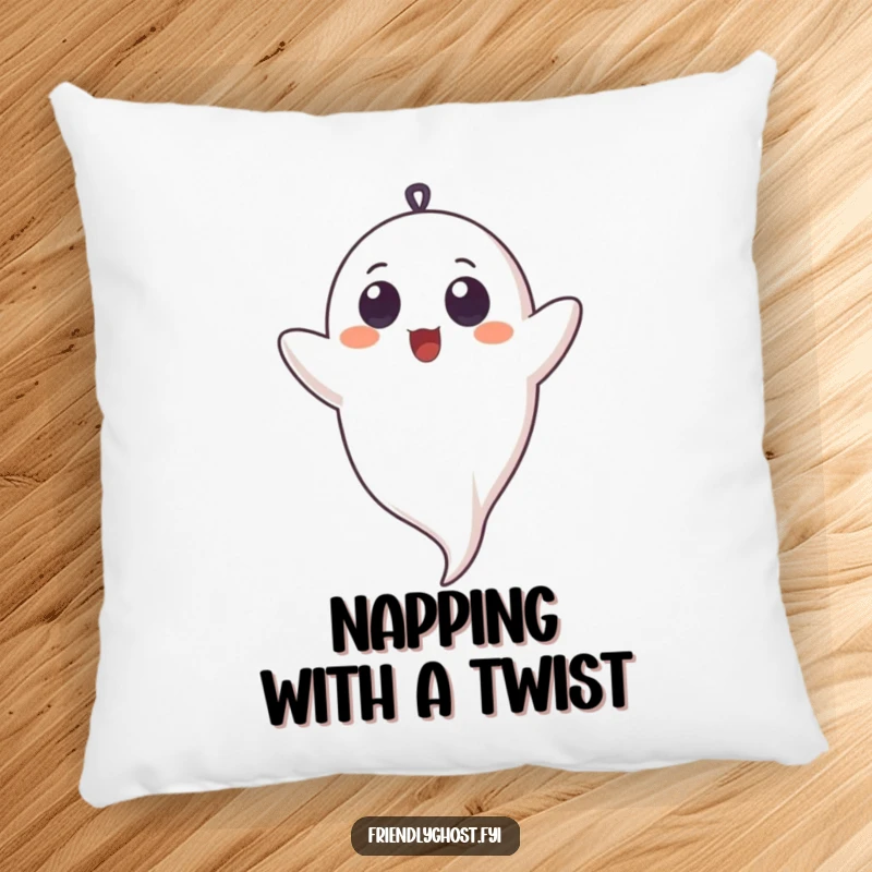Funny pillow with a ghost character giggling upside down, wide eyes expressing innocent, comical delight, perfect for soft decor.