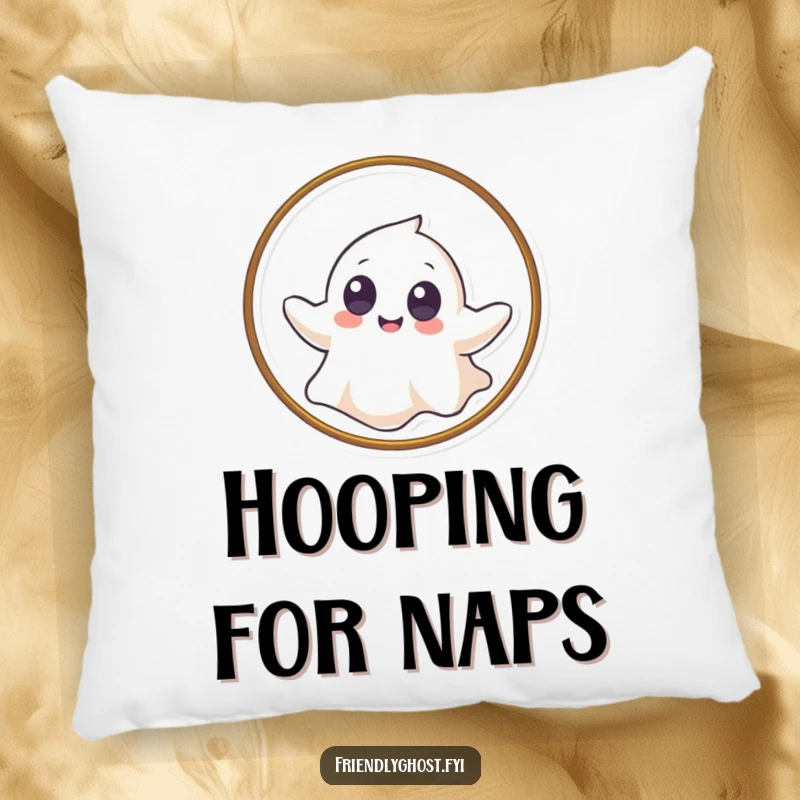 Funny pillow featuring a giggling ghost with big eyes gently floating through a hoop, perfect for comfort and lightheartedness.