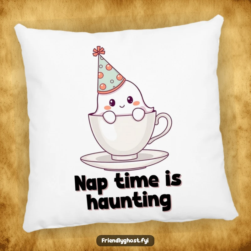 Funny shy ghost wearing a party hat, peeking from behind a teacup, a soft and humorous decorative pillow.