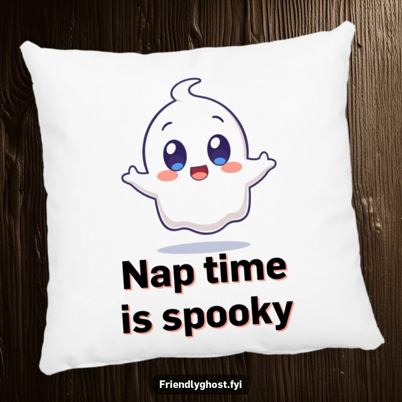 Funny surprised ghost character with wide, happy eyes jumping on a pillow, offering comfort and comical surprise for any room.