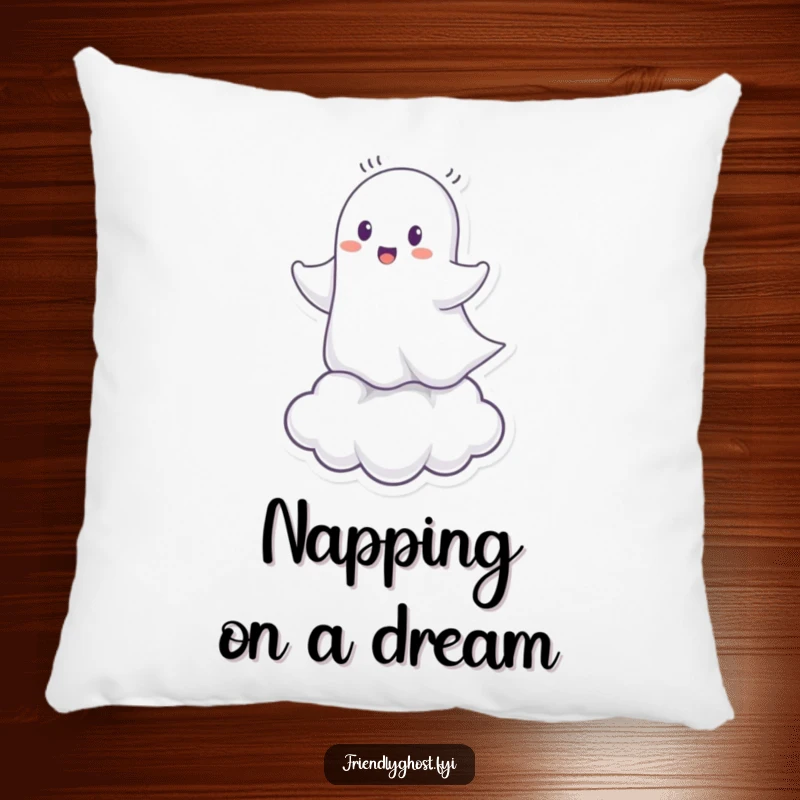 Funny Ghost Cloud Rider Pillow: Cheerful spirit riding a tiny cloud, perfect for cozy and humorous comfort.
