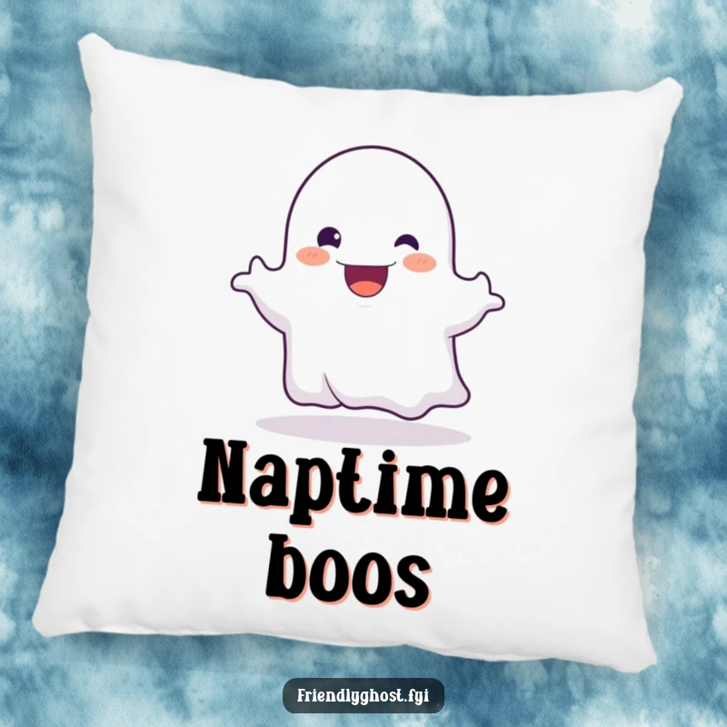 Funny pillow showing a friendly ghost character playfully booing with a large, beaming, happy grin while resting.