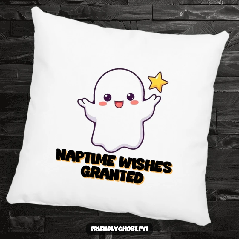 Funny pillow with a friendly ghost reaching a wispy hand towards a tiny star, offering mystical comfort and dream inspiration.