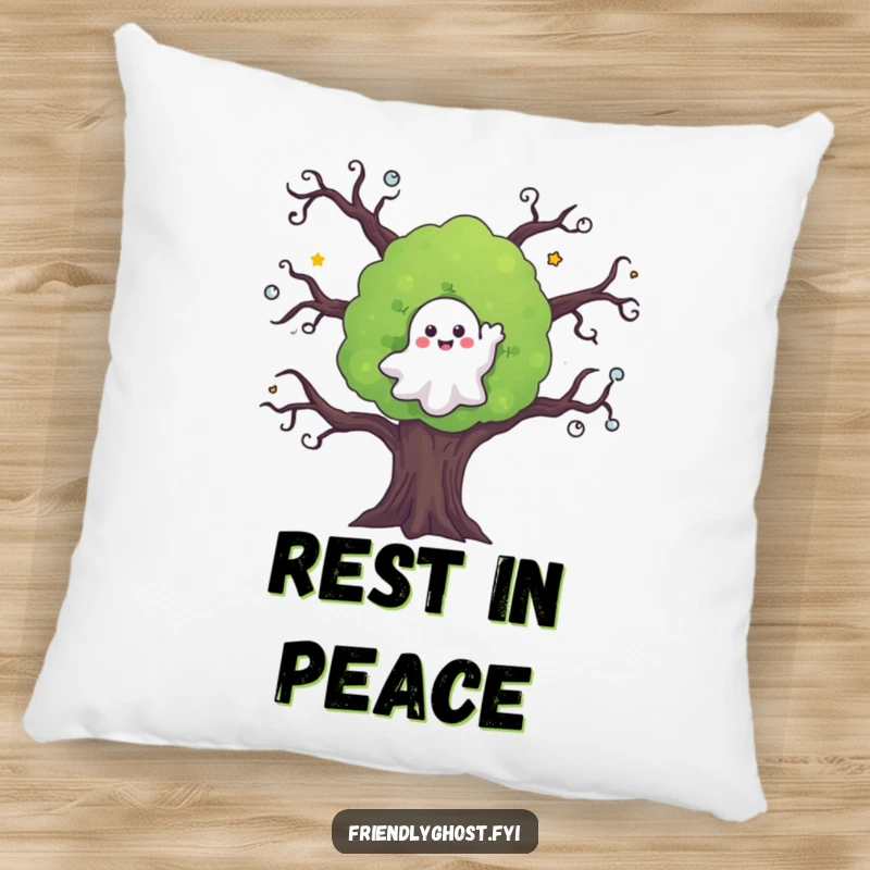 Funny ghost pillow featuring a friendly ghost waving from a spooky tree, ideal for adding whimsical comfort.