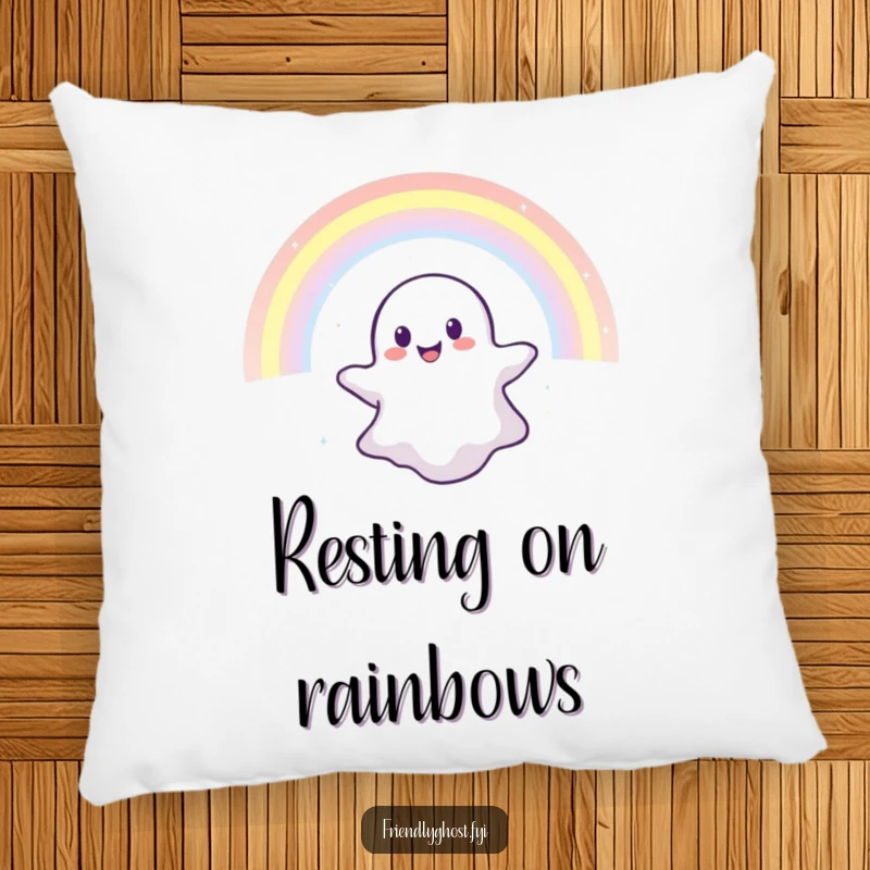 Funny pillow featuring a happy ghost floating through a shimmering rainbow, adding magical charm and comfort to any space.