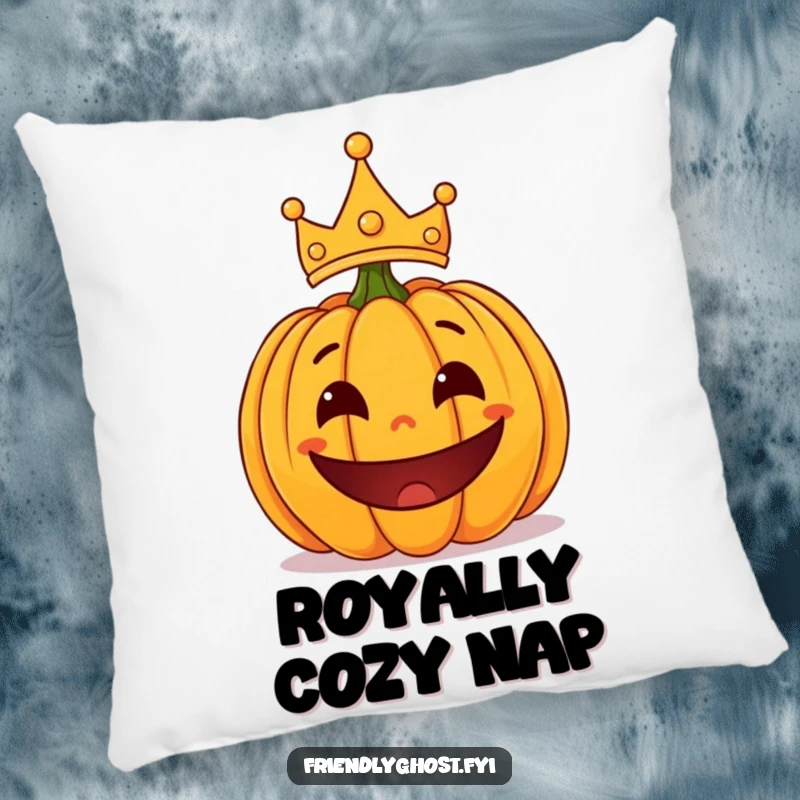 Funny surprised pumpkin wearing a lopsided crown, a soft and humorous Halloween decorative pillow.