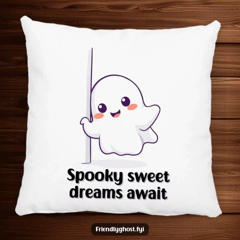 Funny ghost pillow, a cute specter peeking around a corner with a friendly, inviting smile.