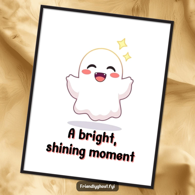 Funny digital art print of a joyful ghost character offering a bright, sparkling light, offering instant heartwarming decor.