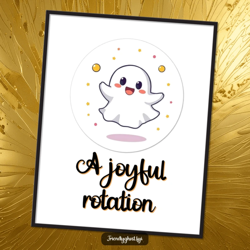 Funny digital art print of a round ghost character spinning in a circle with joyful abandon, creating a lively and cheerful atmosphere.