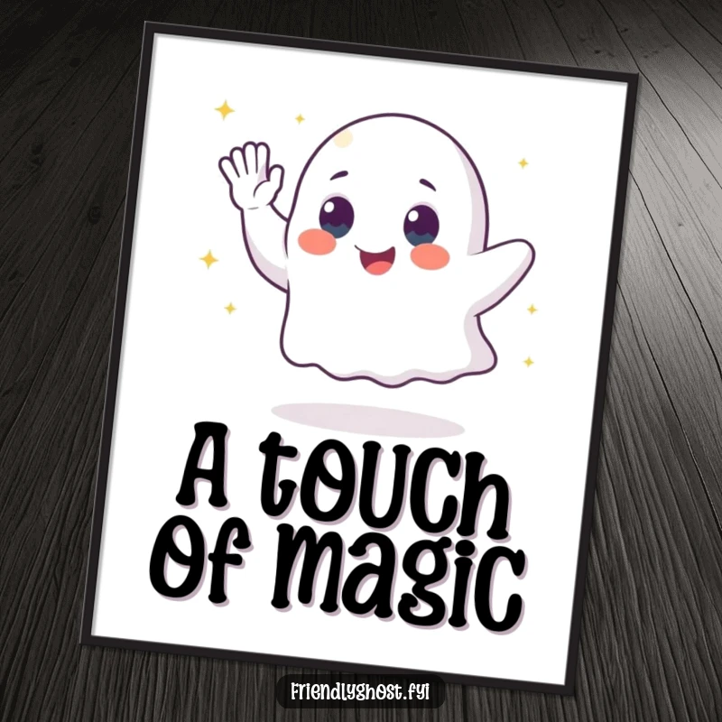 Funny ghost digital art print of a waving character leaving a trail of sparkling dust, ready to download and display.