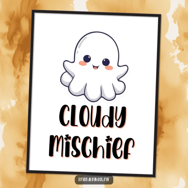 Funny digital art print of a little ghost playfully peeking from behind a cloud, embodying spectral charm and mystery.