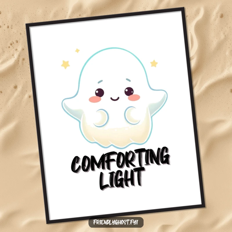 Funny digital art print of a ghost character emitting a warm, comforting glow with a gentle expression, perfect for instant peaceful decor.
