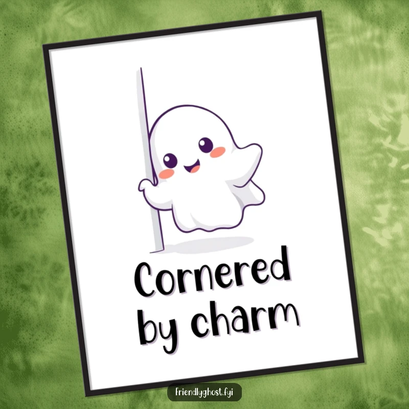 Funny ghost digital art print, a smiling spirit peeking around an unseen corner, creating a humorous scene.