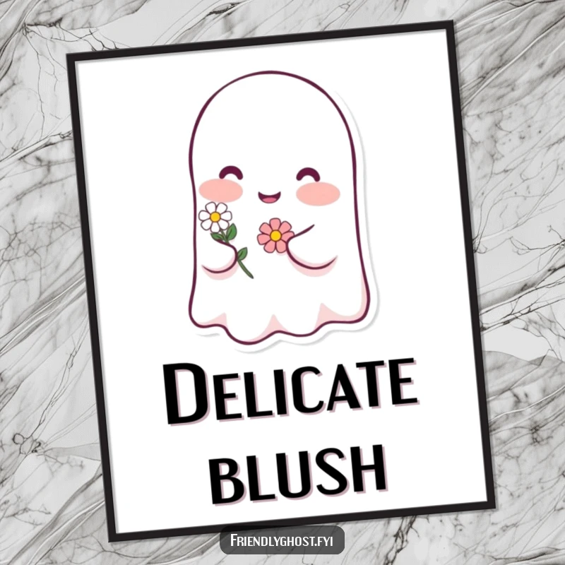 Funny ghost blush digital art print of a happy character blushing pink and holding a tiny flower, a humorous and instantly downloadable decor gift.