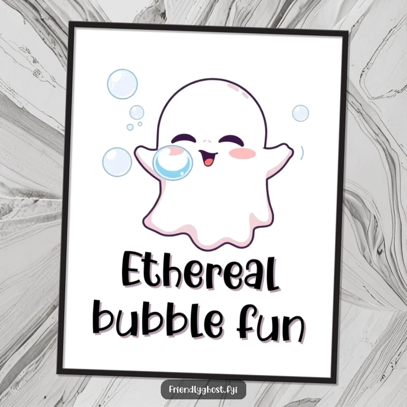 Funny digital art print capturing a friendly ghost playfully blowing bubbles, bringing whimsical joy and lightheartedness to any decor.