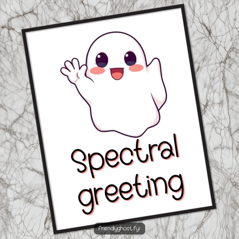 Funny digital art print of a cute ghost enthusiastically waving its spectral hand, radiating friendly spectral charm.