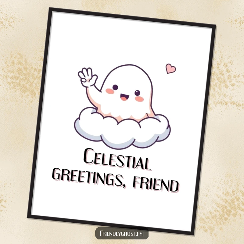 Funny ghost digital art print of a small, friendly ghost waving from a cloud, whimsical and cheerful.