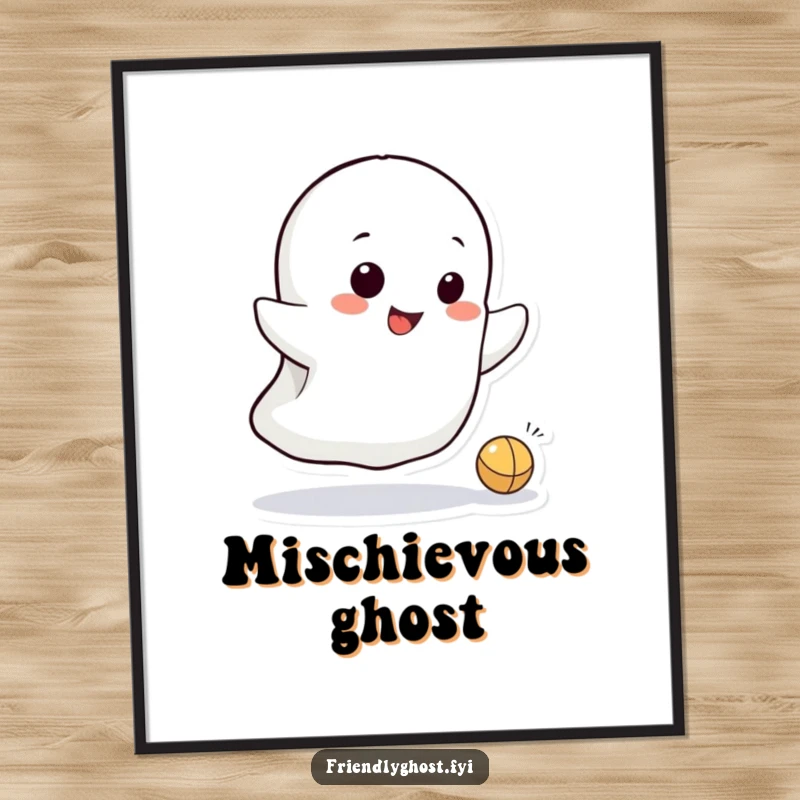 Funny digital art print of a small, mischievous ghost character playfully bouncing a tiny ball, radiating spectral mischief and fun.