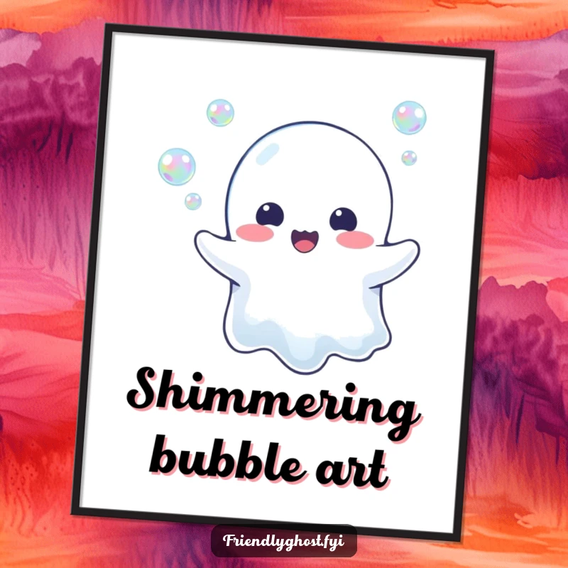 Funny Ghost Bubble Blower Digital Art Print: A happy ghost joyfully blows iridescent bubbles, creating a magical and delightful visual.