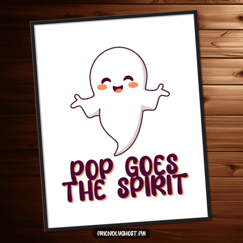 Funny ghost digital art print of a smiling ghost embracing a floating bubble, ready to download and decorate spaces.